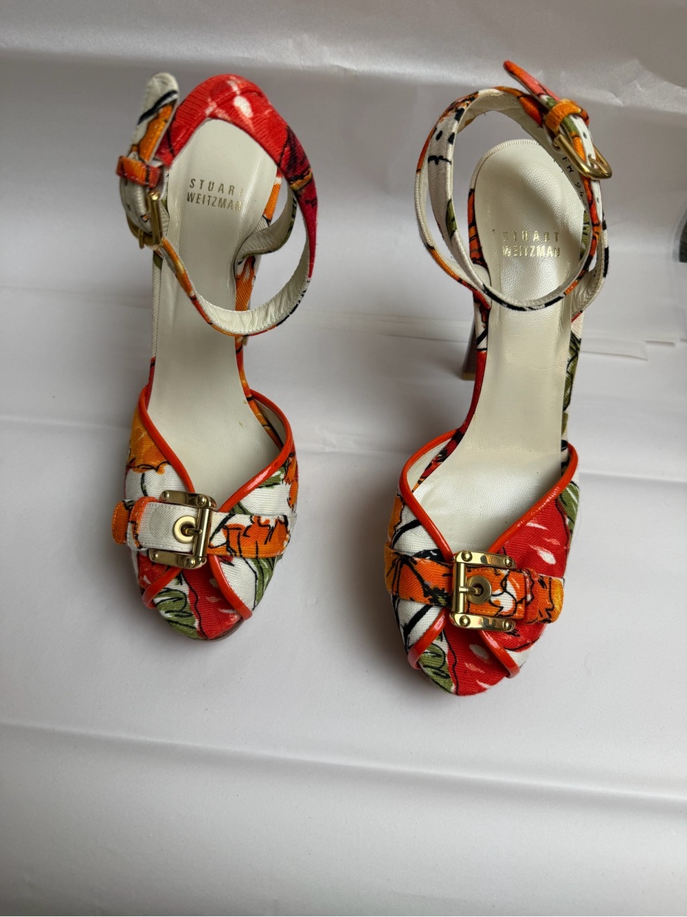 Stuart Weitzman Floral Orange & White Ankle-Strap Heels